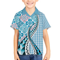 Aloha Vintage Palaka Floral Hawaiian Quilt Family Matching Summer Maxi Dress and Hawaiian Shirt Uliuli Motif LT9 Son's Shirt Blue - Polynesian Pride