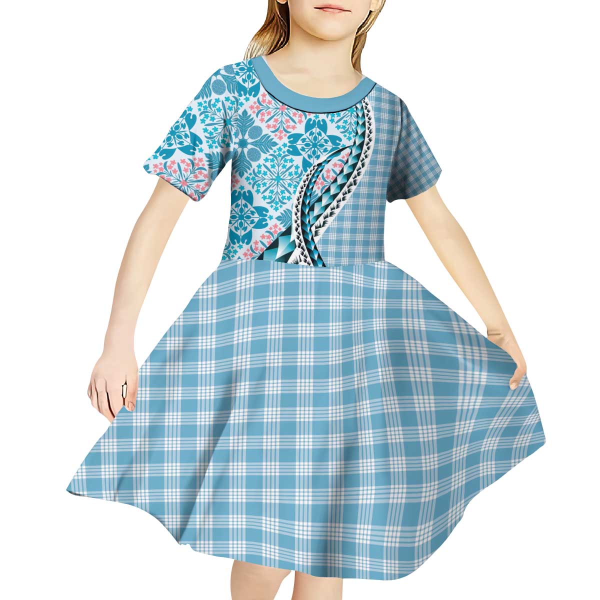 Aloha Vintage Palaka Floral Hawaiian Quilt Kid Short Sleeve Dress Uliuli Motif - Polynesian Pride