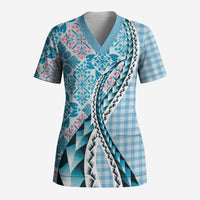 Aloha Vintage Palaka Floral Hawaiian Quilt Scrub Top Uliuli Motif - Polynesian Pride