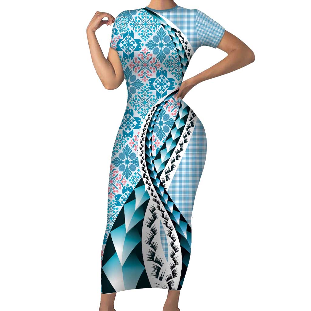 Aloha Vintage Palaka Floral Hawaiian Quilt Short Sleeve Bodycon Dress Uliuli Motif - Polynesian Pride