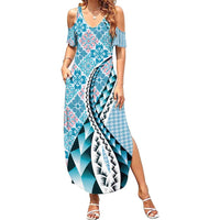 Aloha Vintage Palaka Floral Hawaiian Quilt Summer Maxi Dress Uliuli Motif - Polynesian Pride