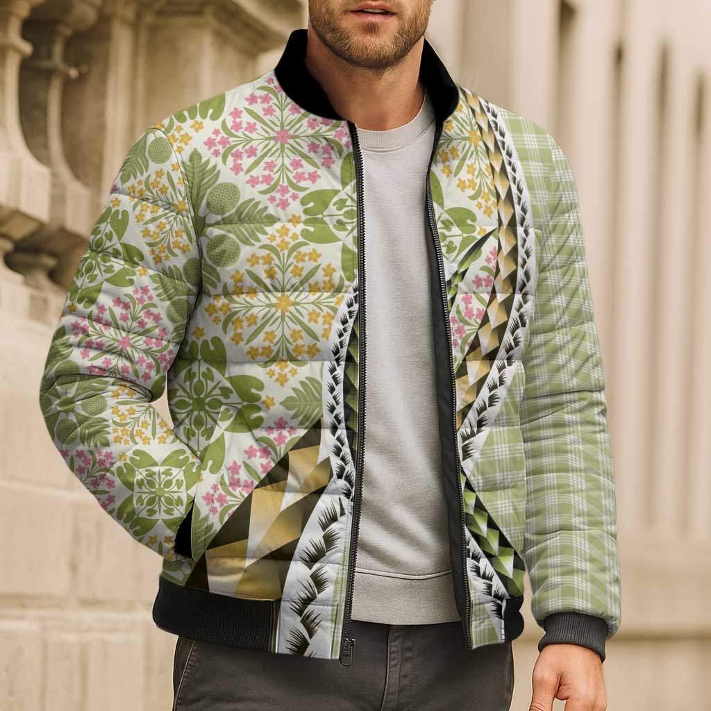 Aloha Vintage Palaka Floral Hawaiian Quilt Bomber Puffer Jacket Omaomao Motif - Polynesian Pride