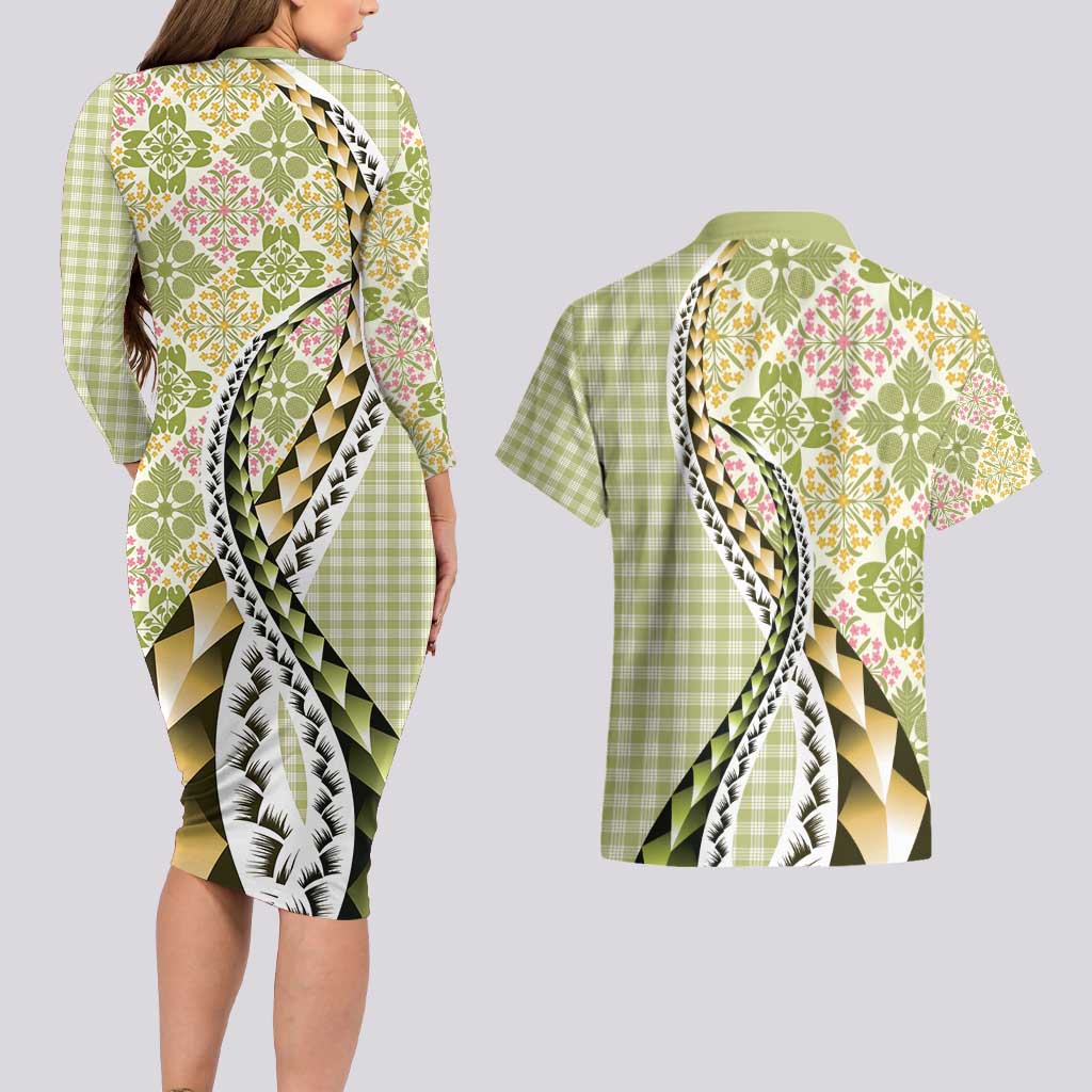 Aloha Vintage Palaka Floral Hawaiian Quilt Couples Matching Long Sleeve Bodycon Dress and Hawaiian Shirt Omaomao Motif LT9 - Polynesian Pride