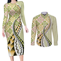 Aloha Vintage Palaka Floral Hawaiian Quilt Couples Matching Long Sleeve Bodycon Dress and Long Sleeve Button Shirt Omaomao Motif LT9 Lime - Polynesian Pride