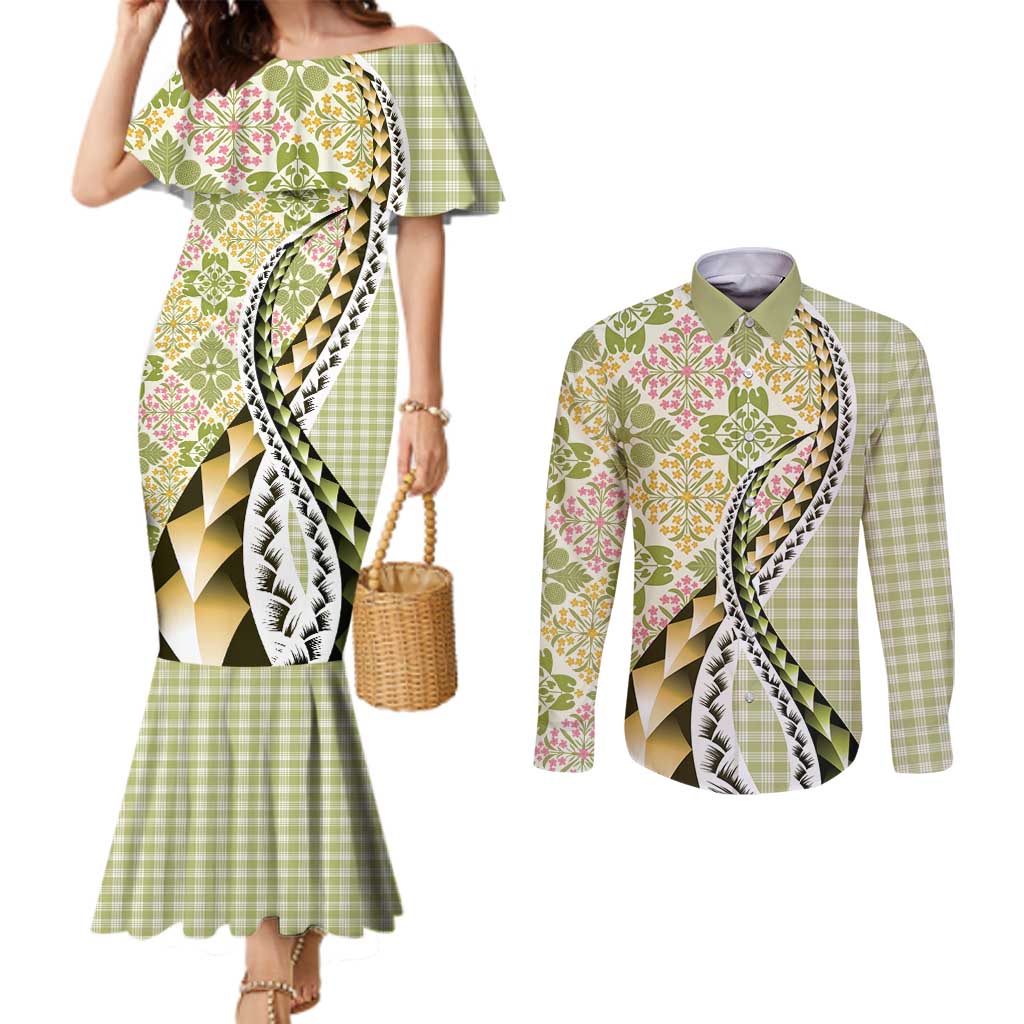 Aloha Vintage Palaka Floral Hawaiian Quilt Couples Matching Mermaid Dress and Long Sleeve Button Shirt Omaomao Motif LT9 Lime - Polynesian Pride