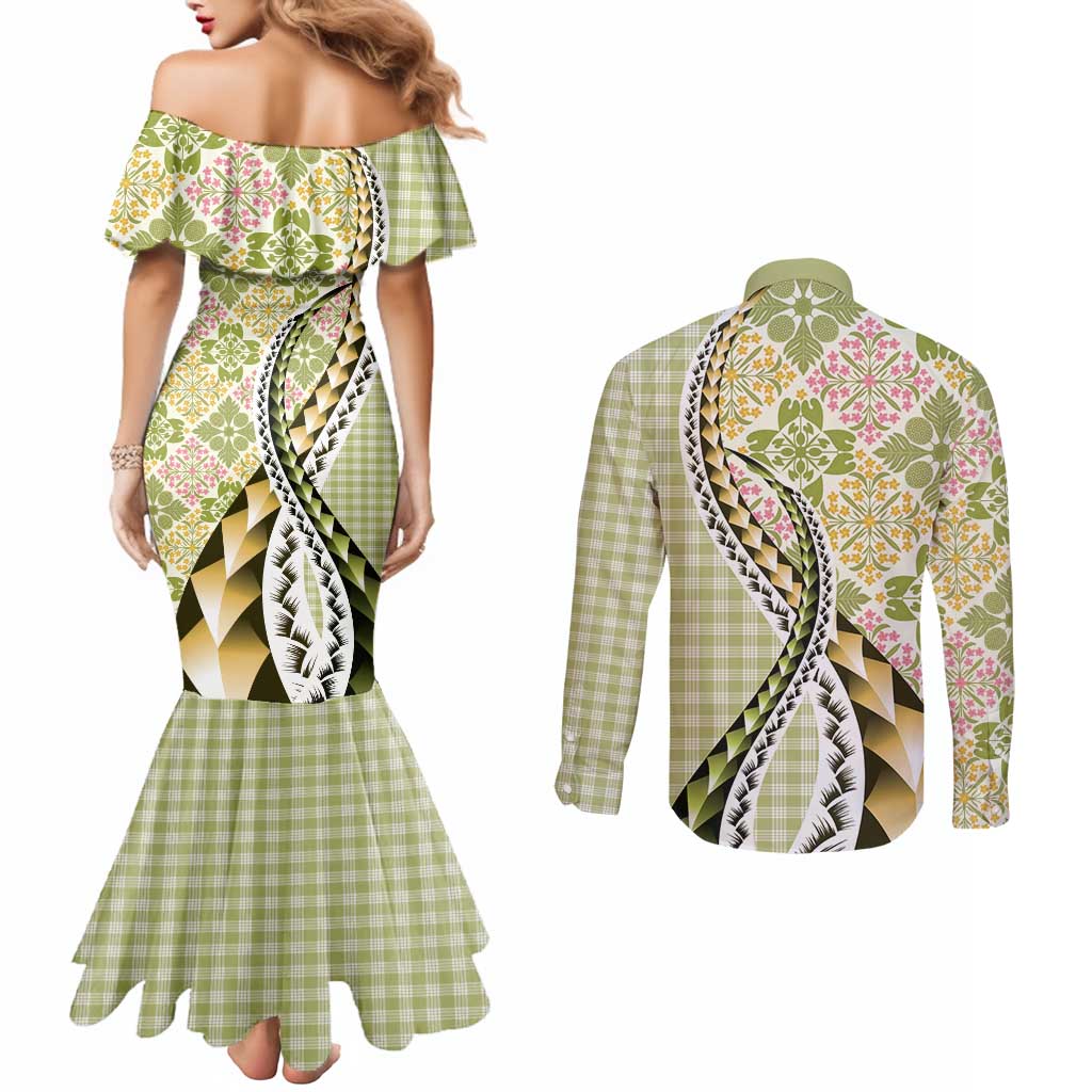 Aloha Vintage Palaka Floral Hawaiian Quilt Couples Matching Mermaid Dress and Long Sleeve Button Shirt Omaomao Motif LT9 - Polynesian Pride
