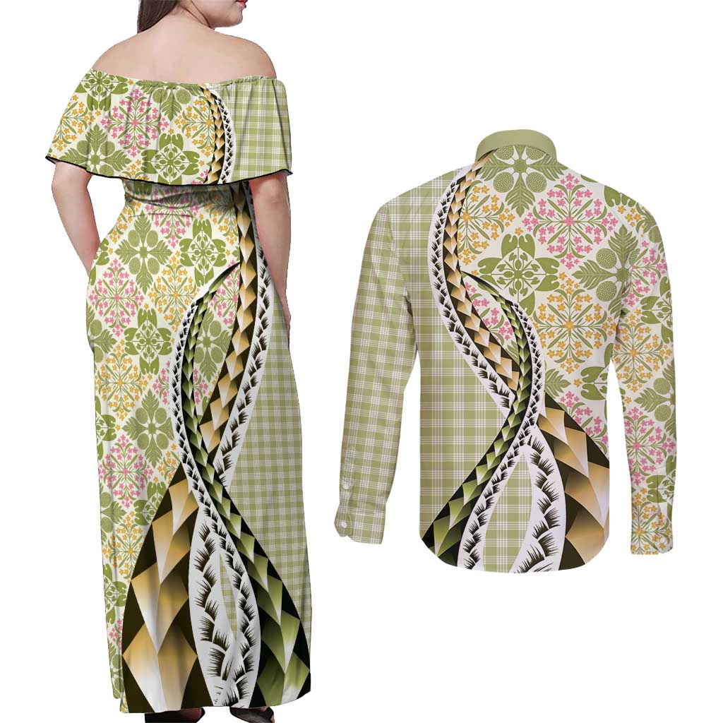 Aloha Vintage Palaka Floral Hawaiian Quilt Couples Matching Off Shoulder Maxi Dress and Long Sleeve Button Shirt Omaomao Motif LT9 - Polynesian Pride