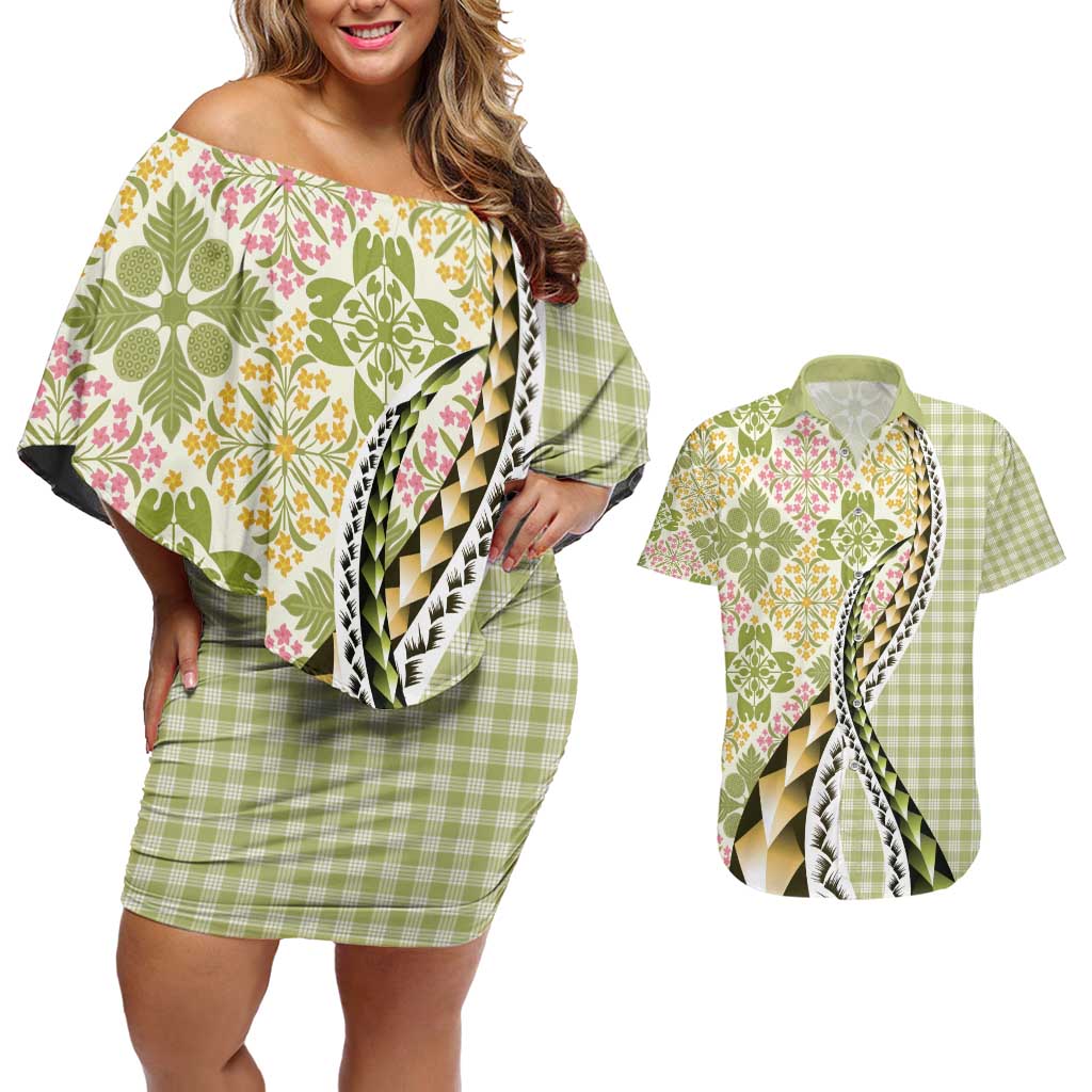Aloha Vintage Palaka Floral Hawaiian Quilt Couples Matching Off Shoulder Short Dress and Hawaiian Shirt Omaomao Motif LT9 Lime - Polynesian Pride