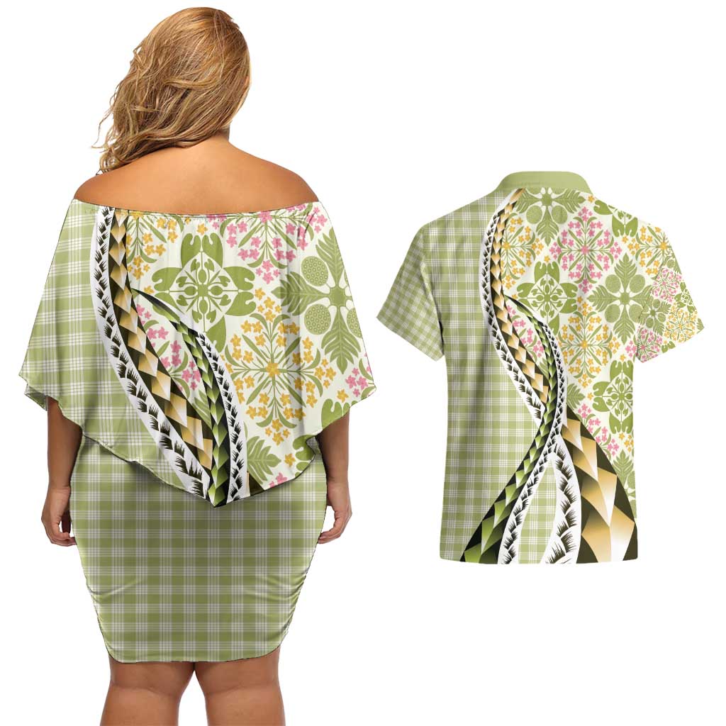 Aloha Vintage Palaka Floral Hawaiian Quilt Couples Matching Off Shoulder Short Dress and Hawaiian Shirt Omaomao Motif LT9 - Polynesian Pride