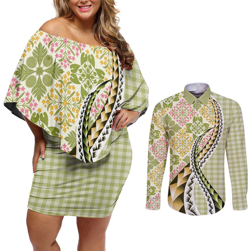 Aloha Vintage Palaka Floral Hawaiian Quilt Couples Matching Off Shoulder Short Dress and Long Sleeve Button Shirt Omaomao Motif LT9 Lime - Polynesian Pride
