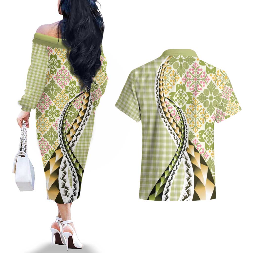 Aloha Vintage Palaka Floral Hawaiian Quilt Couples Matching Off The Shoulder Long Sleeve Dress and Hawaiian Shirt Omaomao Motif - Polynesian Pride