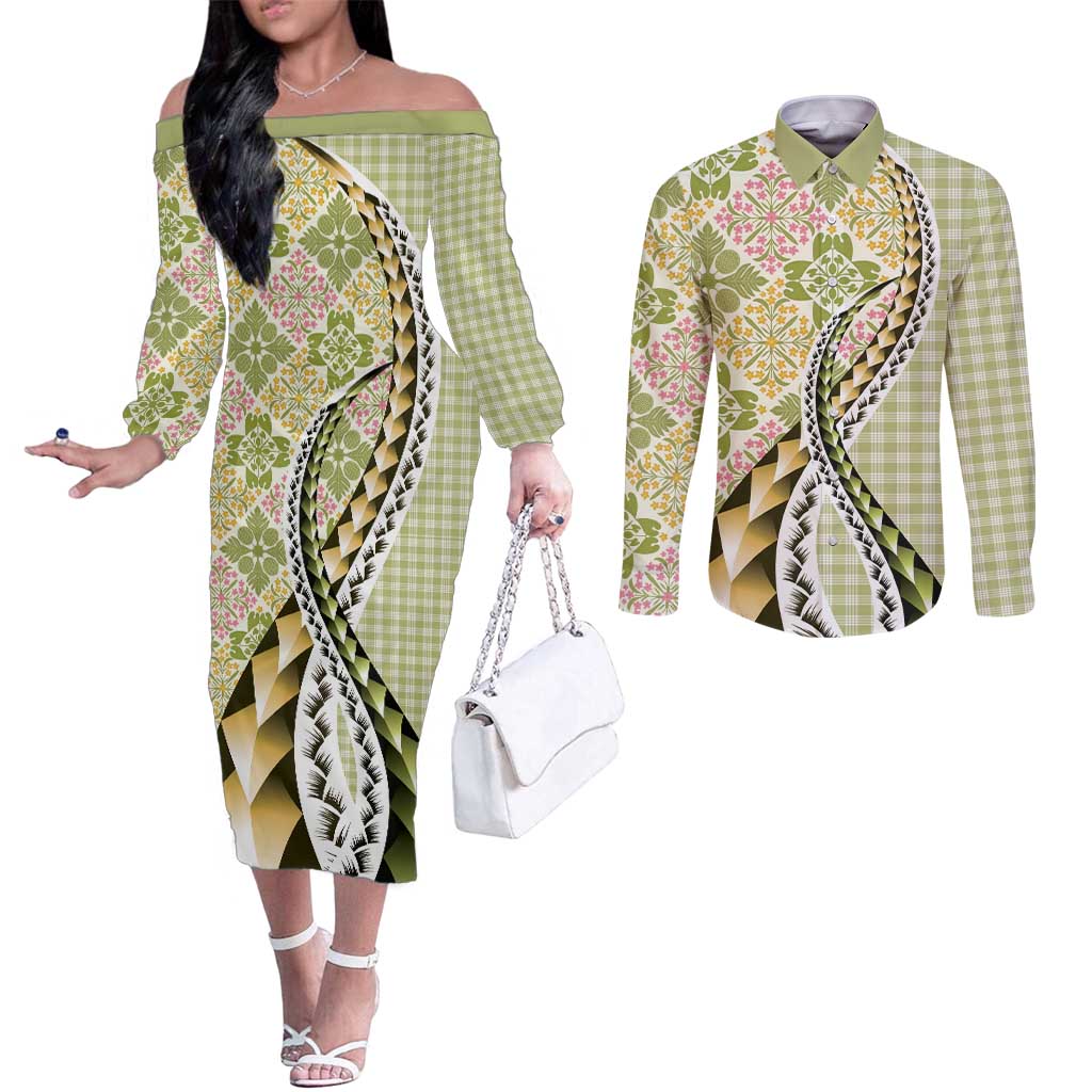 Aloha Vintage Palaka Floral Hawaiian Quilt Couples Matching Off The Shoulder Long Sleeve Dress and Long Sleeve Button Shirt Omaomao Motif LT9 Lime - Polynesian Pride