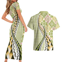 Aloha Vintage Palaka Floral Hawaiian Quilt Couples Matching Short Sleeve Bodycon Dress and Hawaiian Shirt Omaomao Motif LT9 - Polynesian Pride