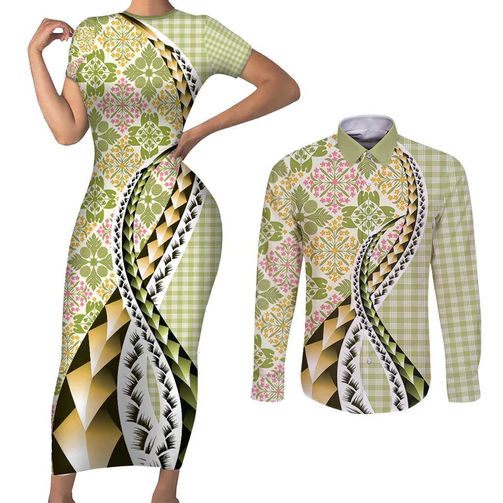 Aloha Vintage Palaka Floral Hawaiian Quilt Couples Matching Short Sleeve Bodycon Dress and Long Sleeve Button Shirt Omaomao Motif LT9 Lime - Polynesian Pride