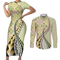 Aloha Vintage Palaka Floral Hawaiian Quilt Couples Matching Short Sleeve Bodycon Dress and Long Sleeve Button Shirt Omaomao Motif LT9 Lime - Polynesian Pride