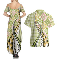 Aloha Vintage Palaka Floral Hawaiian Quilt Couples Matching Summer Maxi Dress and Hawaiian Shirt Omaomao Motif LT9 - Polynesian Pride