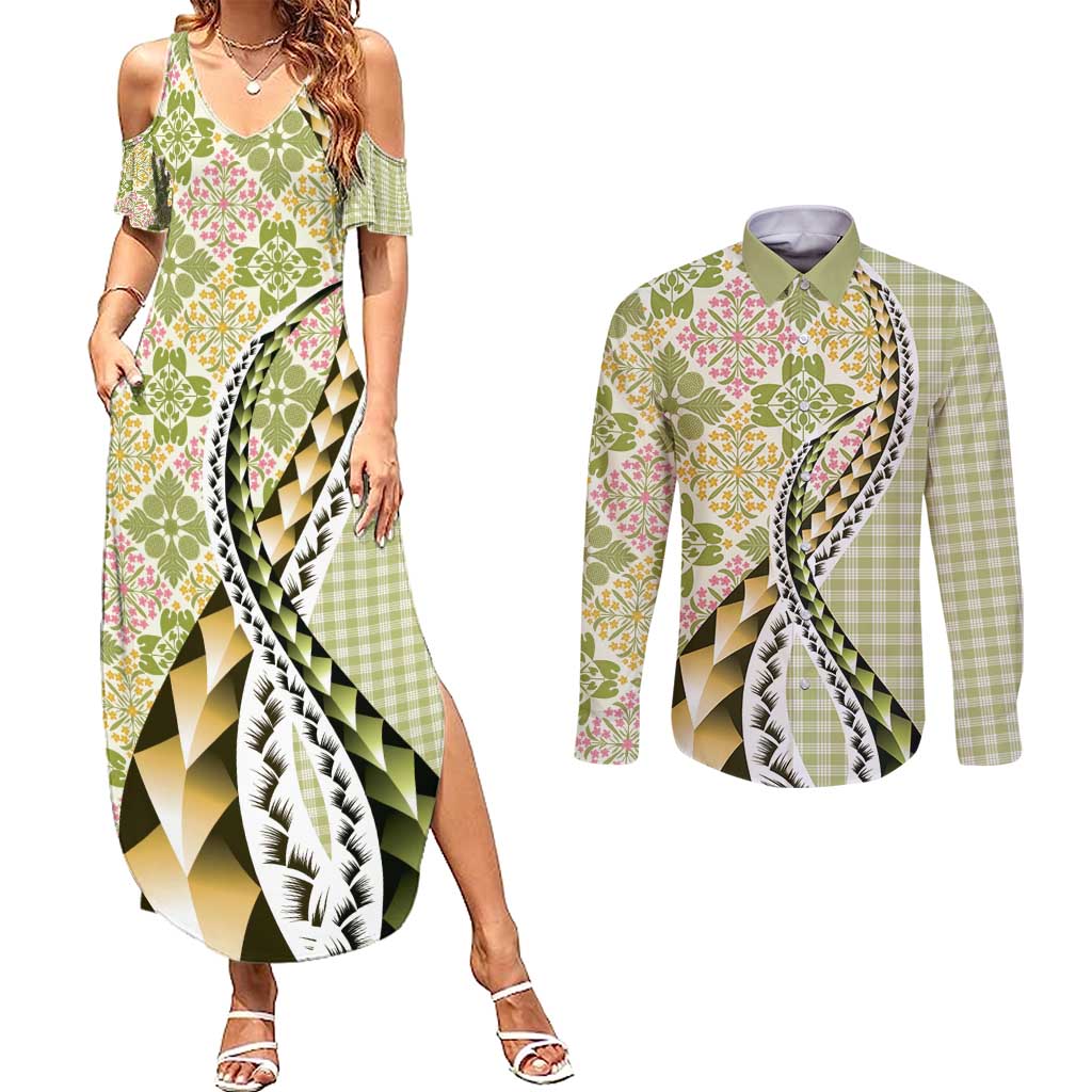 Aloha Vintage Palaka Floral Hawaiian Quilt Couples Matching Summer Maxi Dress and Long Sleeve Button Shirt Omaomao Motif LT9 Lime - Polynesian Pride