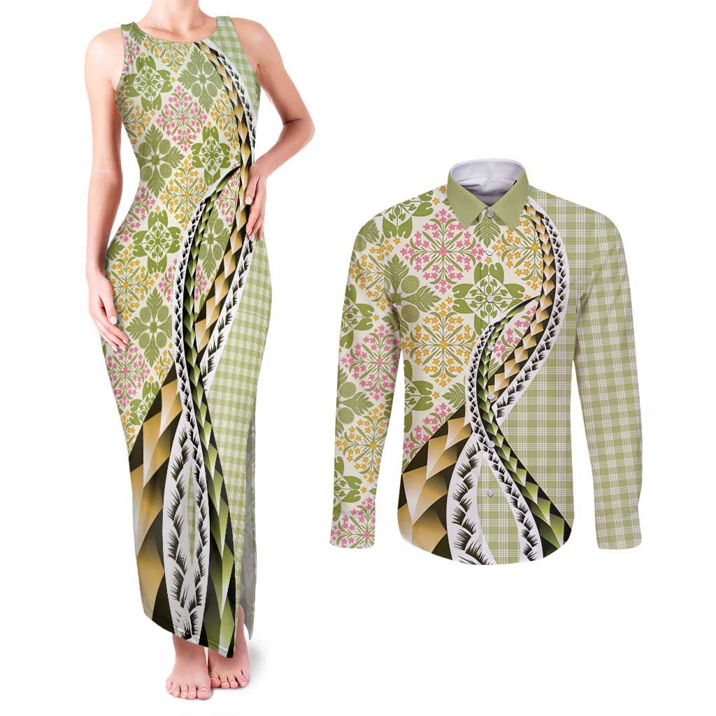 Aloha Vintage Palaka Floral Hawaiian Quilt Couples Matching Tank Maxi Dress and Long Sleeve Button Shirt Omaomao Motif LT9 Lime - Polynesian Pride
