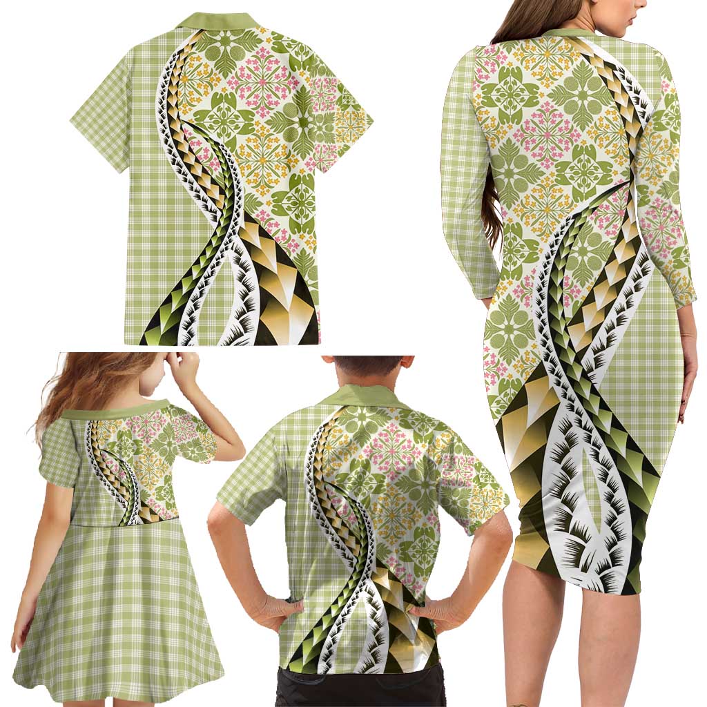 Aloha Vintage Palaka Floral Hawaiian Quilt Family Matching Long Sleeve Bodycon Dress and Hawaiian Shirt Omaomao Motif LT9 - Polynesian Pride