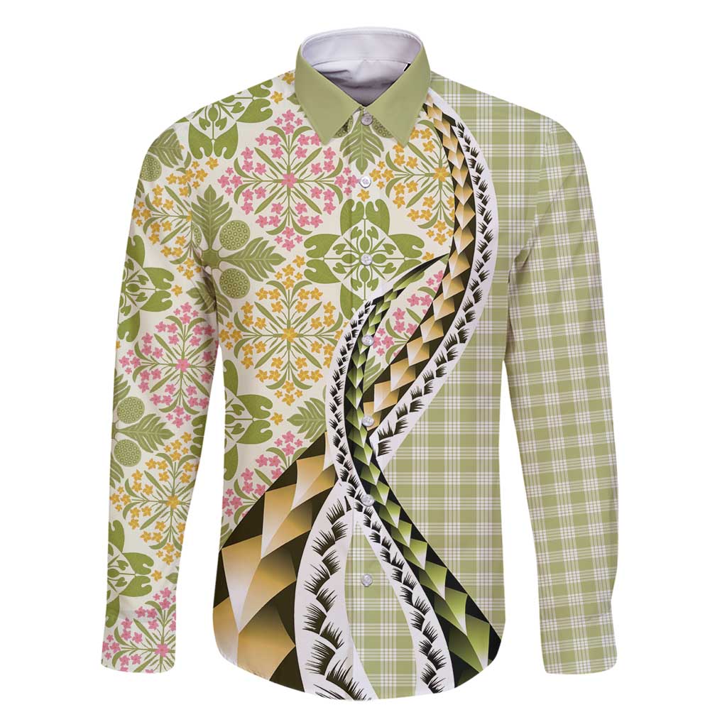 Aloha Vintage Palaka Floral Hawaiian Quilt Family Matching Long Sleeve Bodycon Dress and Hawaiian Shirt Omaomao Motif LT9 Dad's Shirt - Long Sleeve Lime - Polynesian Pride
