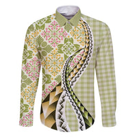 Aloha Vintage Palaka Floral Hawaiian Quilt Family Matching Mermaid Dress and Hawaiian Shirt Omaomao Motif LT9 Dad's Shirt - Long Sleeve Lime - Polynesian Pride