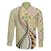 Aloha Vintage Palaka Floral Hawaiian Quilt Family Matching Off The Shoulder Long Sleeve Dress and Hawaiian Shirt Omaomao Motif - Polynesian Pride