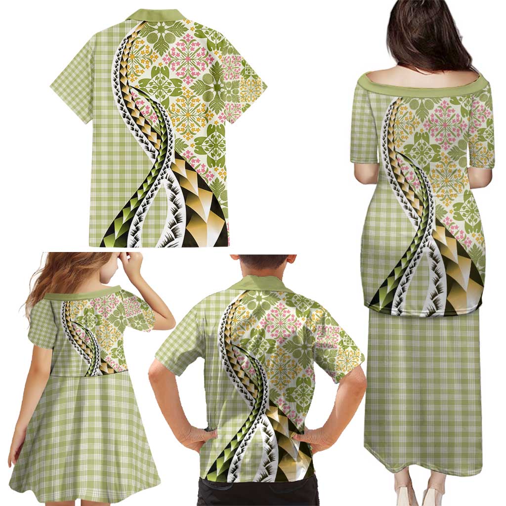 Aloha Vintage Palaka Floral Hawaiian Quilt Family Matching Puletasi and Hawaiian Shirt Omaomao Motif - Polynesian Pride