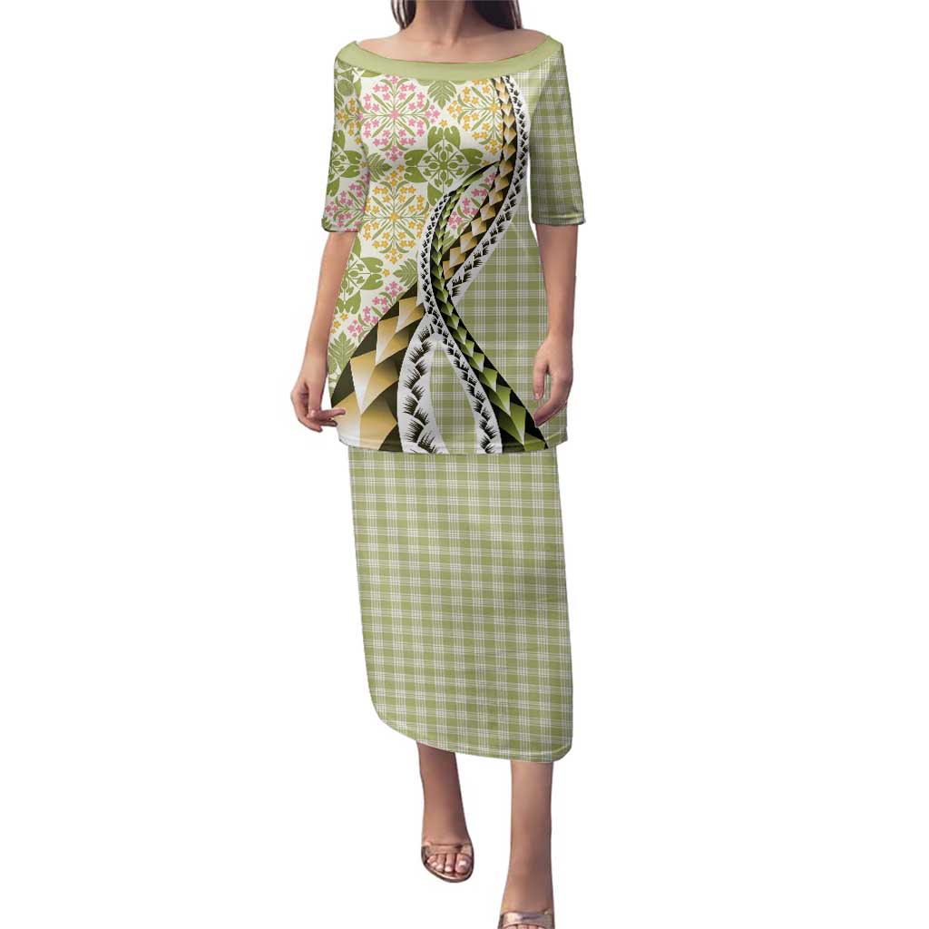 Aloha Vintage Palaka Floral Hawaiian Quilt Family Matching Puletasi and Hawaiian Shirt Omaomao Motif - Polynesian Pride