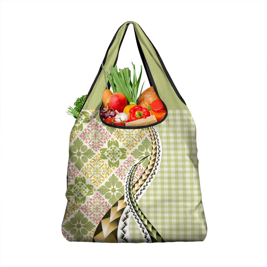 Aloha Vintage Palaka Floral Hawaiian Quilt Grocery Bag Omaomao Motif - Polynesian Pride