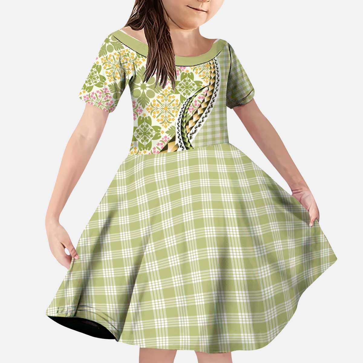 Aloha Vintage Palaka Floral Hawaiian Quilt Kid Short Sleeve Dress Omaomao Motif LT9 KID Lime - Polynesian Pride