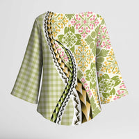 Aloha Vintage Palaka Floral Hawaiian Quilt Kimono Sleeve Blouse Omaomao Motif - Polynesian Pride