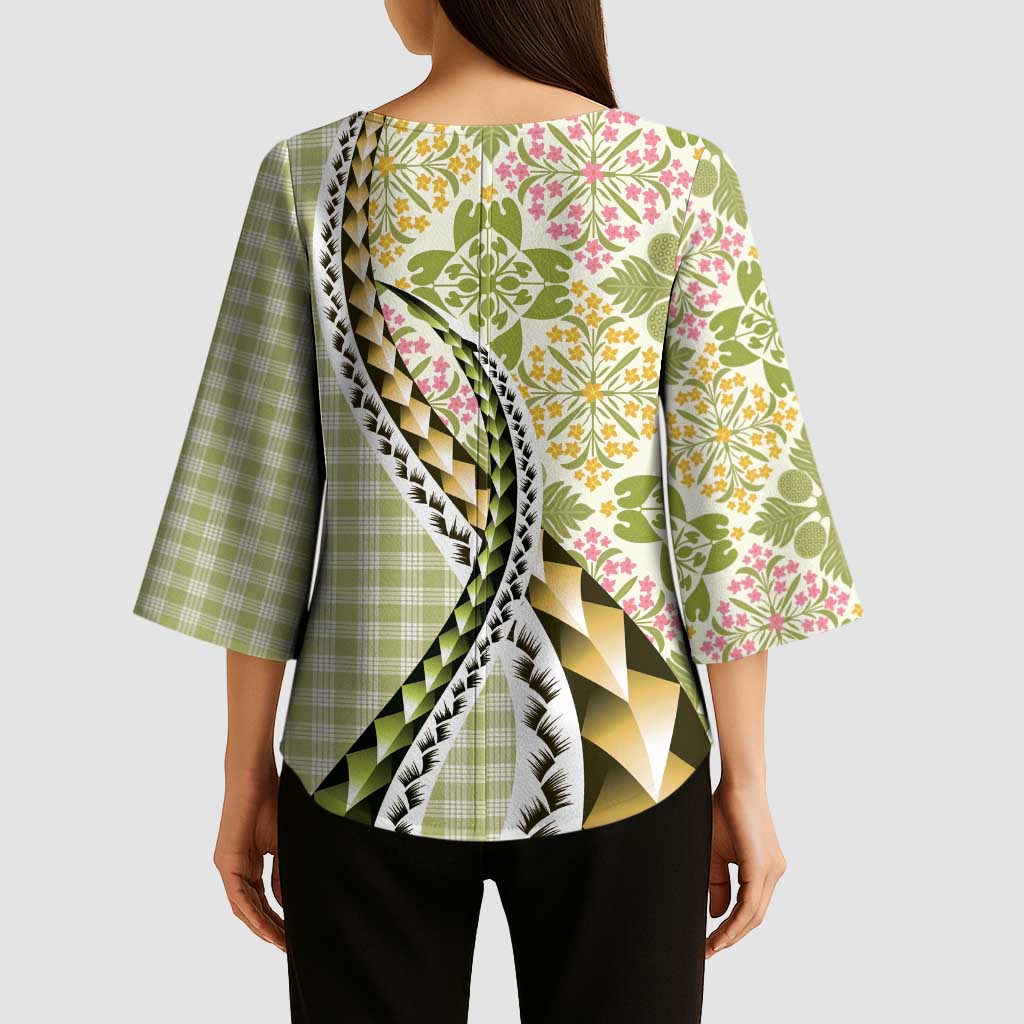 Aloha Vintage Palaka Floral Hawaiian Quilt Kimono Sleeve Blouse Omaomao Motif - Polynesian Pride