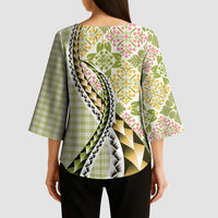 Aloha Vintage Palaka Floral Hawaiian Quilt Kimono Sleeve Blouse Omaomao Motif - Polynesian Pride