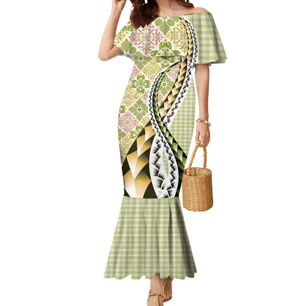 Aloha Vintage Palaka Floral Hawaiian Quilt Mermaid Dress Omaomao Motif LT9 Women Lime - Polynesian Pride