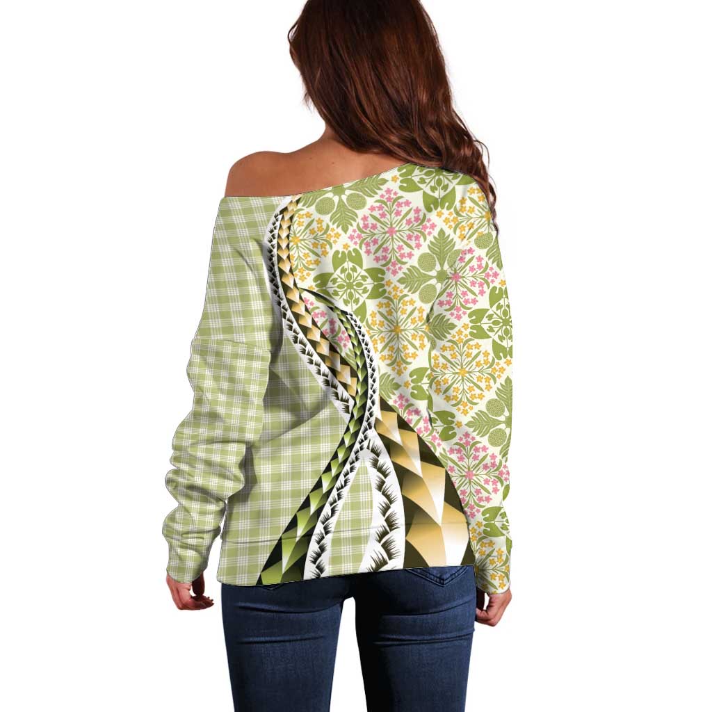 Aloha Vintage Palaka Floral Hawaiian Quilt Off Shoulder Sweater Omaomao Motif - Polynesian Pride