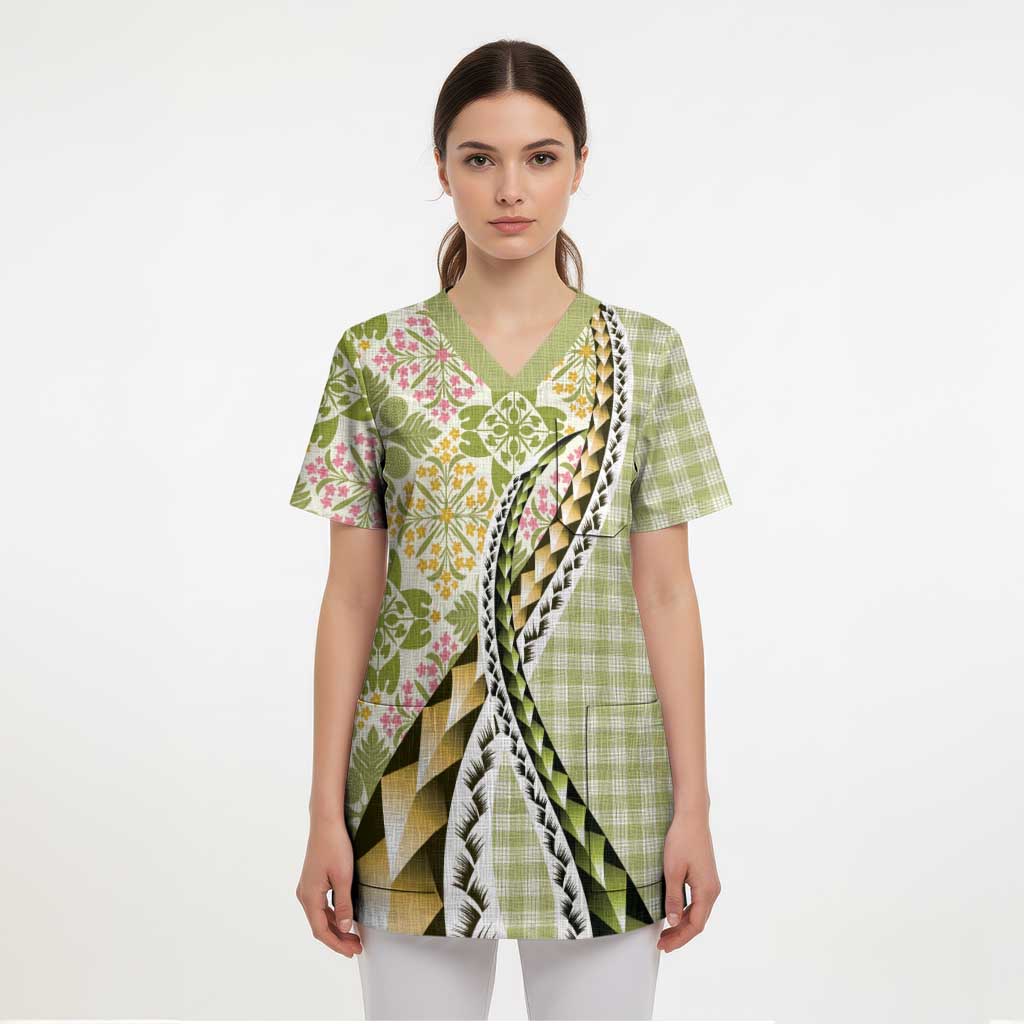 Aloha Vintage Palaka Floral Hawaiian Quilt Scrub Top Omaomao Motif - Polynesian Pride