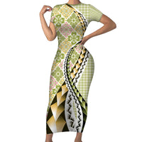 Aloha Vintage Palaka Floral Hawaiian Quilt Short Sleeve Bodycon Dress Omaomao Motif LT9 Long Dress Lime - Polynesian Pride