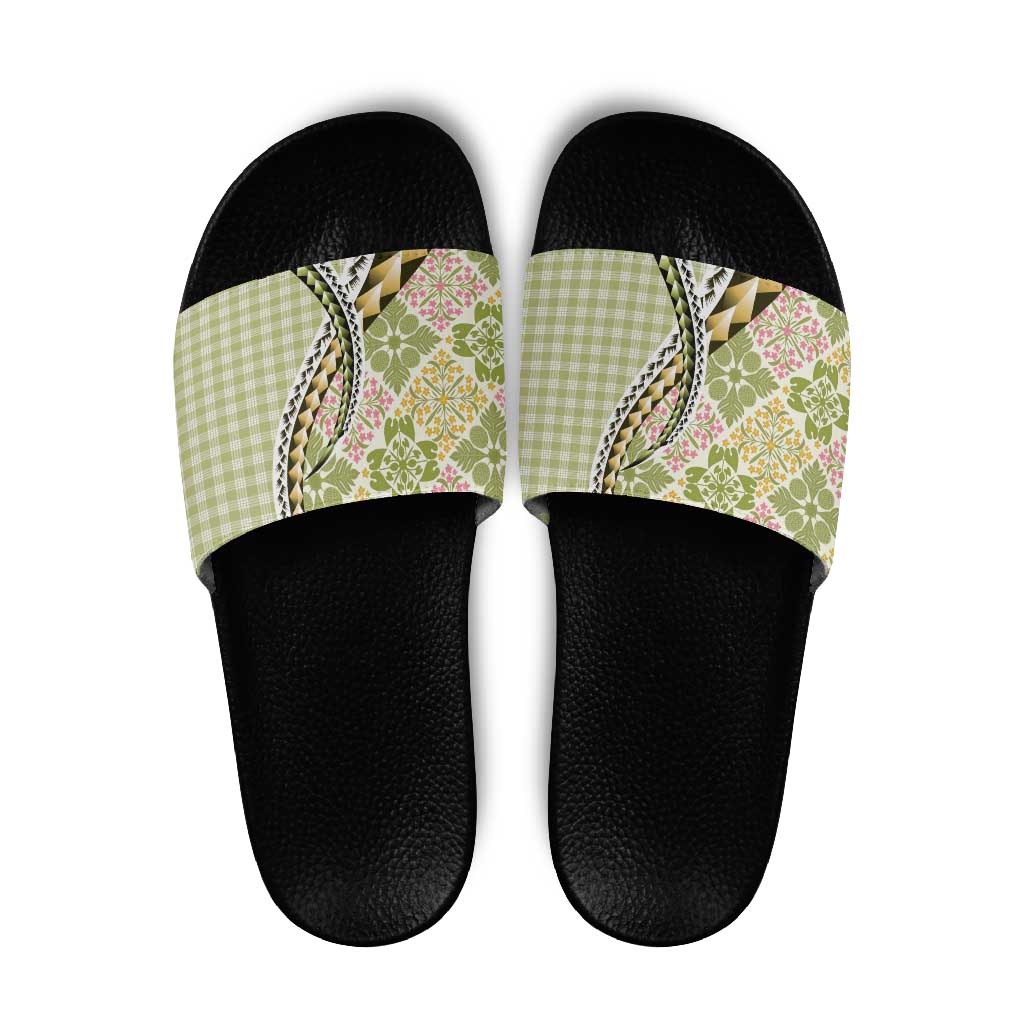 Aloha Vintage Palaka Floral Hawaiian Quilt Slide Sandals Omaomao Motif - Polynesian Pride