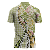 Aloha Vintage Palaka Floral Hawaiian Quilt Zipper Polo Shirt Omaomao Motif - Polynesian Pride