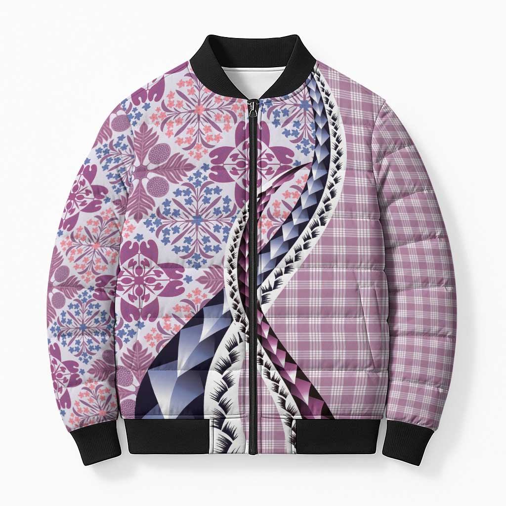 Aloha Vintage Palaka Floral Hawaiian Quilt Bomber Puffer Jacket Akala Motif - Polynesian Pride