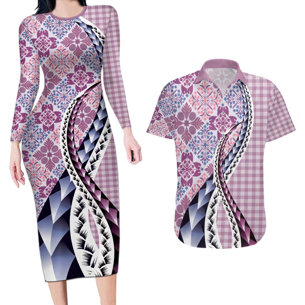 Aloha Vintage Palaka Floral Hawaiian Quilt Couples Matching Long Sleeve Bodycon Dress and Hawaiian Shirt Akala Motif LT9 Pink - Polynesian Pride