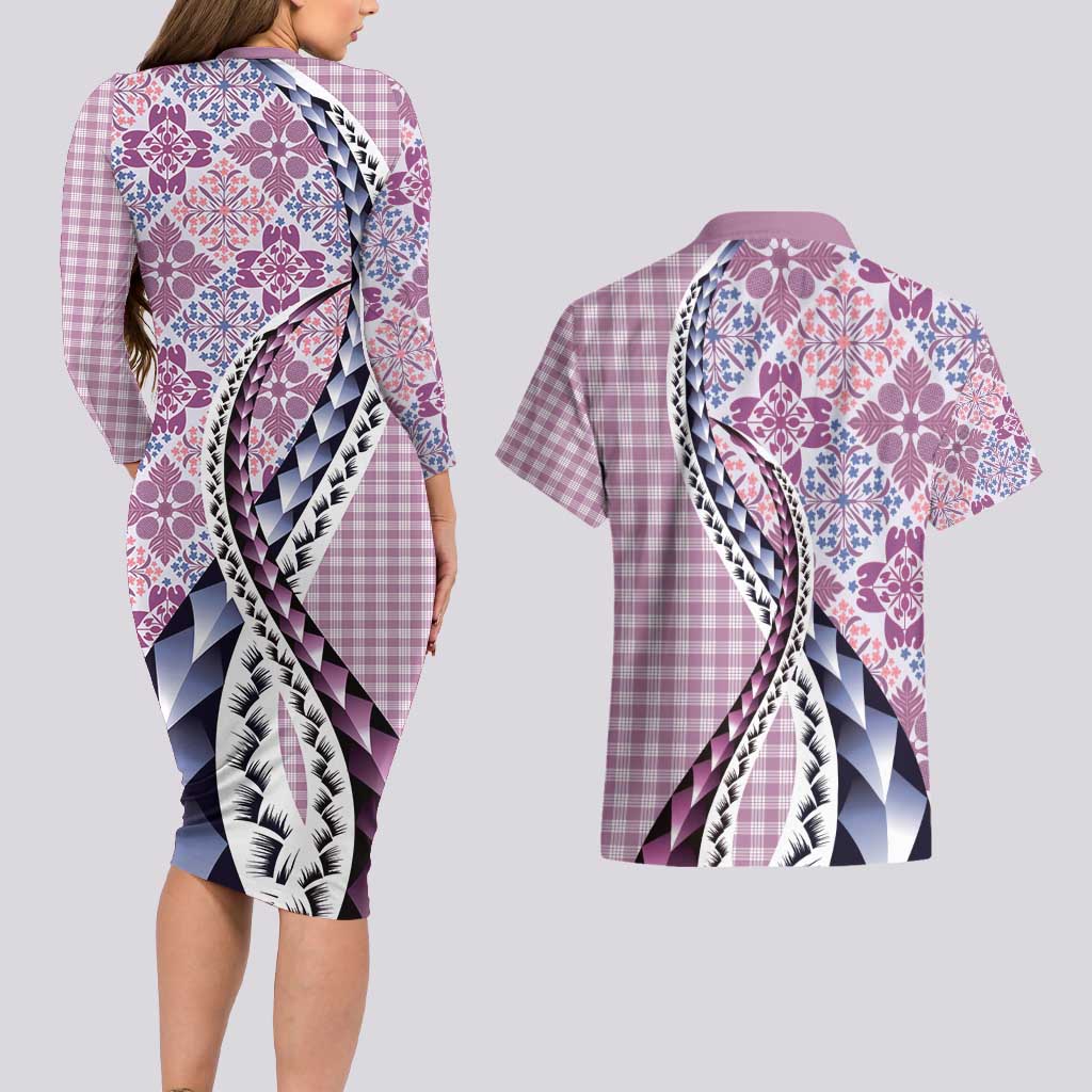 Aloha Vintage Palaka Floral Hawaiian Quilt Couples Matching Long Sleeve Bodycon Dress and Hawaiian Shirt Akala Motif LT9 - Polynesian Pride