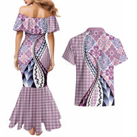 Aloha Vintage Palaka Floral Hawaiian Quilt Couples Matching Mermaid Dress and Hawaiian Shirt Akala Motif LT9 - Polynesian Pride