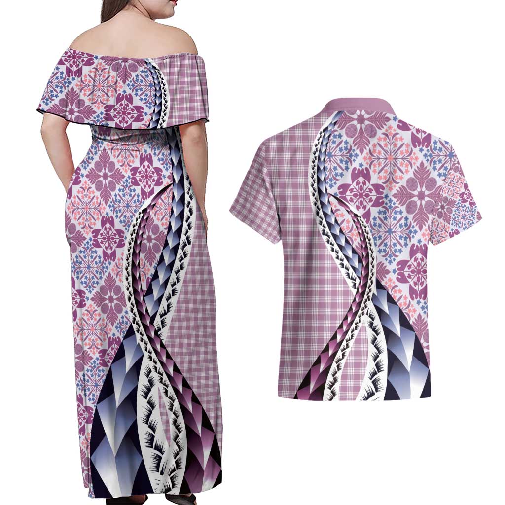 Aloha Vintage Palaka Floral Hawaiian Quilt Couples Matching Off Shoulder Maxi Dress and Hawaiian Shirt Akala Motif LT9 - Polynesian Pride