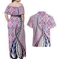 Aloha Vintage Palaka Floral Hawaiian Quilt Couples Matching Off Shoulder Maxi Dress and Hawaiian Shirt Akala Motif LT9 - Polynesian Pride