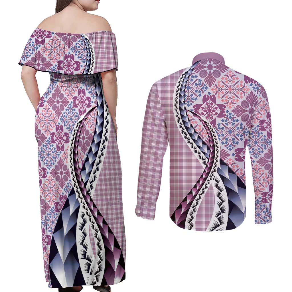 Aloha Vintage Palaka Floral Hawaiian Quilt Couples Matching Off Shoulder Maxi Dress and Long Sleeve Button Shirt Akala Motif LT9 - Polynesian Pride