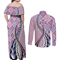 Aloha Vintage Palaka Floral Hawaiian Quilt Couples Matching Off Shoulder Maxi Dress and Long Sleeve Button Shirt Akala Motif LT9 - Polynesian Pride