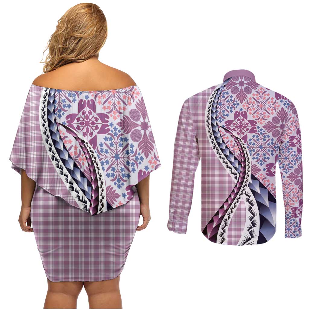 Aloha Vintage Palaka Floral Hawaiian Quilt Couples Matching Off Shoulder Short Dress and Long Sleeve Button Shirt Akala Motif LT9 - Polynesian Pride