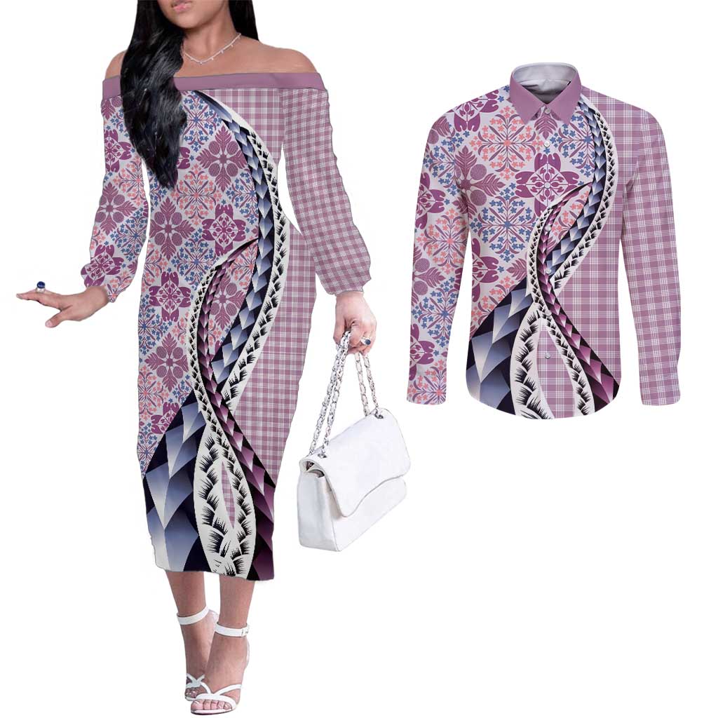 Aloha Vintage Palaka Floral Hawaiian Quilt Couples Matching Off The Shoulder Long Sleeve Dress and Long Sleeve Button Shirt Akala Motif LT9 Pink - Polynesian Pride
