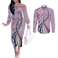 Aloha Vintage Palaka Floral Hawaiian Quilt Couples Matching Off The Shoulder Long Sleeve Dress and Long Sleeve Button Shirt Akala Motif LT9 Pink - Polynesian Pride